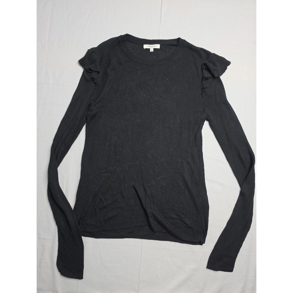 Madewell Sweater Women's Large Black Ribbed Tight Knit Ruffle Shoulder Pullover
